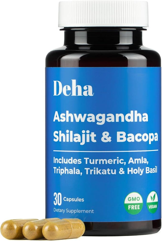 Ashwagandha Shilajit Bacopa Capsules Stress Support, Cognitive Support, Digestive Health with Turmeric, Amla & Triphala – GMP Certified, Non-GMO, Vegan – 30 Count