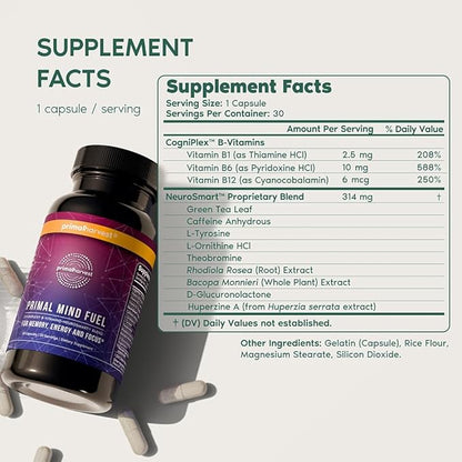 Brain Supplement by Primal Harvest, Primal Mind Fuel Brain Booster for Focus, Energy, Clarity, and Brain Health 30 Capsules Nootropics Brain Support Supplement for Men and Women