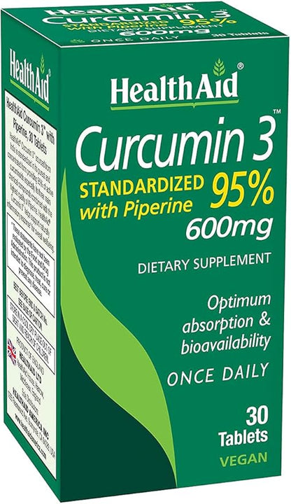 Curcumin 3, 30ct, 600mg Once Daily Tablets, Helps with Optimum Absorption & Bioavailability, Standardized with Piperine