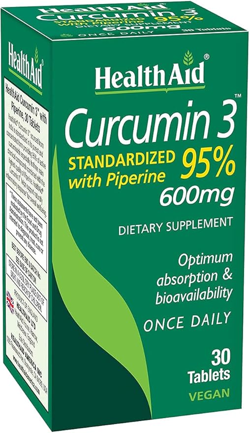 Curcumin 3, 30ct, 600mg Once Daily Tablets, Helps with Optimum Absorption & Bioavailability, Standardized with Piperine