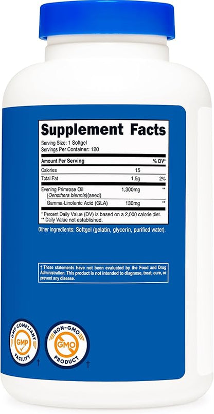 Nutricost Evening Primrose Oil 1,300mg, 120 Softgels - Cold Pressed, Non-GMO, Gluten Free, 120 Servings