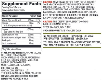 Amazon Elements Lysine Complex with Vitamin C for Immune Health Support, Vegetarian, 65 Servings, 195 Count (Packaging may vary)