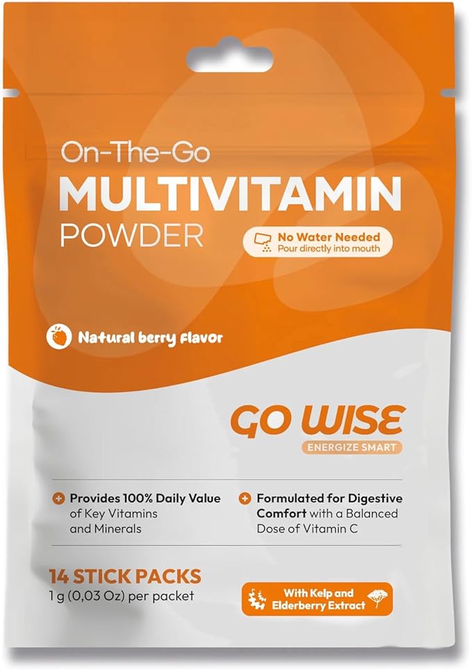 On The go Multivitamin Powder - Natural Berry Flavor - 14 Convenient Stick Packs - Portable Vitamin Supplement for Travel, Daily Nutrition, Energy and Immune Support: for Men and Women.