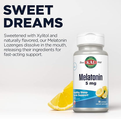KAL Melatonin 5mg Sleep Aid Lozenges, Melatonin Supplement Supports Sleep Quality, Calming Relaxation and a Healthy Sleep Cycle, with Added Vitamin B6, Vegetarian, Natural Lemon Flavor, 60 Lozenges