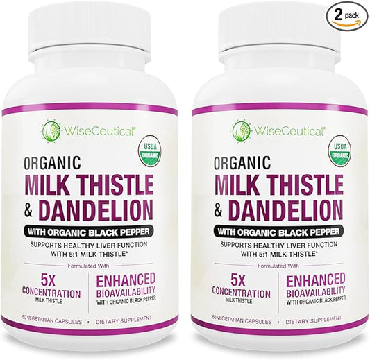 Max Absorption USDA Organic Milk Thistle Potent 5:1 Concentrated Extract (2000mg Strength) & Organic Dandelion Root | Silymarin Antioxidant Flavonoid | Liver Support Supplement (60 Count (Pack of 2))
