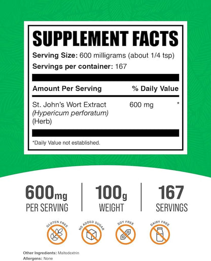 BulkSupplements.com St. John's Wort Extract - St. Johns Wort Supplement, Herbal Supplement for Mood - Vegan & Gluten Free, 600mg per Serving, 100g (3.5 oz) (Pack of 1)
