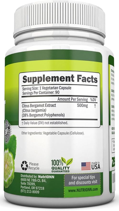 Citrus Bergamot - 500 mg - 90 Vegetarian Capsules - 38% Polyphenols - Natural Premium Quality Citrus Bergamot Extract - Promotes Healthy Triglyceride Levels