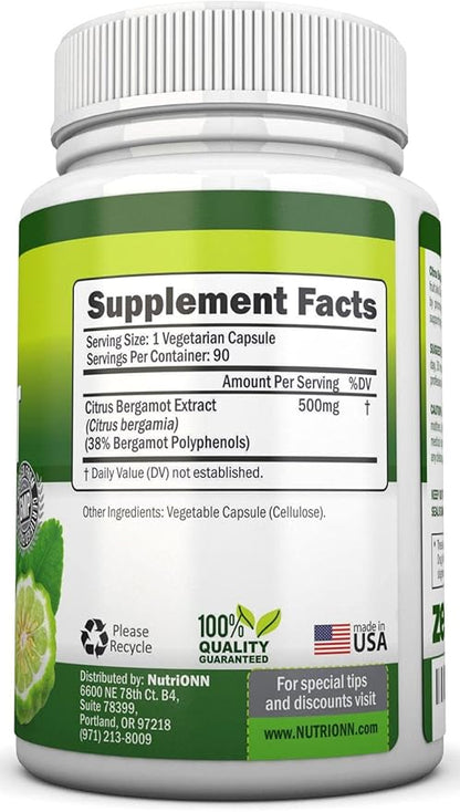 Citrus Bergamot - 500 mg - 90 Vegetarian Capsules - 38% Polyphenols - Natural Premium Quality Citrus Bergamot Extract - Promotes Healthy Triglyceride Levels
