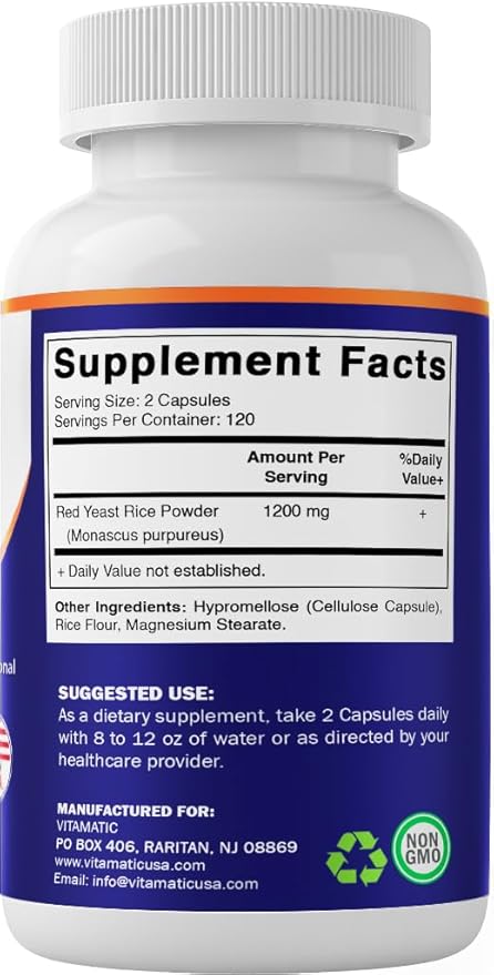 Vitamatic Red Yeast Rice 1200 mg Per Serving - 240 Veg Capsules - Made in The USA - Non-GMO & Gluten Free