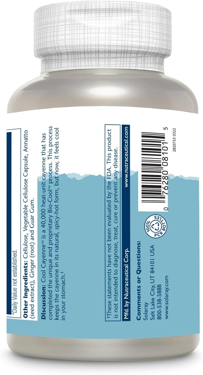 SOLARAY Cool Cayenne Pepper 40,000 HU, Cayenne Pepper Capsules, Digestion Aid, Bio-Cool Process, Lab Verified, 60-Day Money-Back Guarantee, 90 Servings, 180 VegCaps