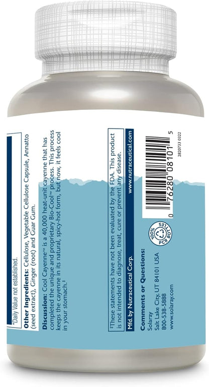 SOLARAY Cool Cayenne Pepper 40,000 HU, Cayenne Pepper Capsules, Digestion Aid, Bio-Cool Process, Lab Verified, 60-Day Money-Back Guarantee, 90 Servings, 180 VegCaps