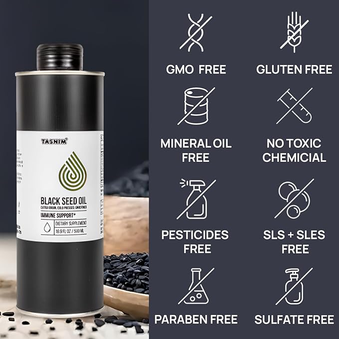 100% Ethiopian BlackSeed Oil 16.9 Fl Oz - Cold Pressed Black Seed Oil for Immune Support, High Potency 5.7% - 21% Thymoquinone Skin, Hair & Overll Health - Unrefined Black Cumin Seed Oil - Gluten Free
