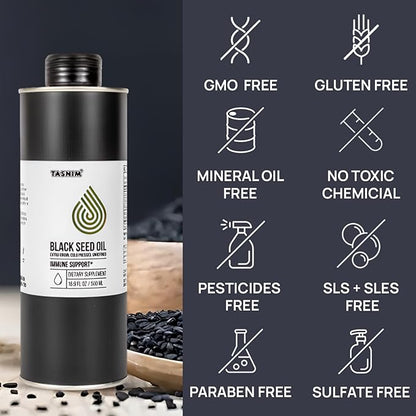 100% Ethiopian BlackSeed Oil 16.9 Fl Oz - Cold Pressed Black Seed Oil for Immune Support, High Potency 5.7% - 21% Thymoquinone Skin, Hair & Overll Health - Unrefined Black Cumin Seed Oil - Gluten Free