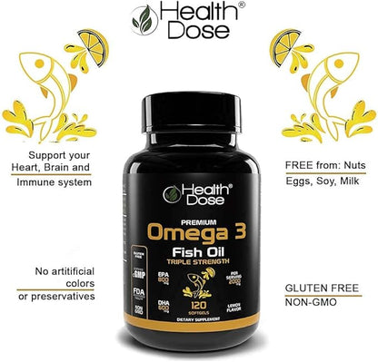 Premium Immune Support Bundle by Health Dose, Omega 3 Fish Oil Triple Strength, Gluten-Free, Non-GMO, 120 Softgels + Elderberry Plus 11 in 1, Defense Immune Support Booster, 120 Chlorophyll Capsules.