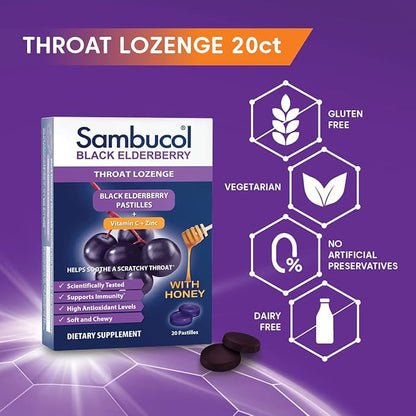 Sambucol Black Elderberry Throat Lozenge - Sambucus Elderberry Lozenges With Vitamin C, Zinc & Honey, Helps Soothe a Scratchy Throat, High Antioxidants, Gluten-Free - 20 Count