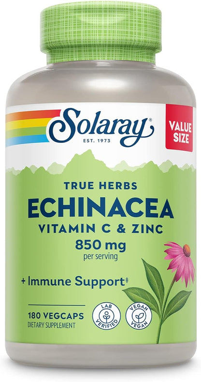 SOLARAY Echinacea Vitamin C & Zinc 850mg Plus Bioflavonoids, Echinacea Capsules for Healthy Immune Support, Vegan, Lab Verified, 60-Day Money-Back Guarantee, 90 Servings, 180 VegCaps