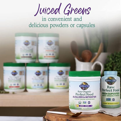 Garden of Life Raw Organic Perfect Food Alkalizer & Detoxifier Juiced Greens Superfood Powder - Lemon Ginger, 30 Servings - Non-GMO, Gluten Free Whole Food Dietary Supplement, Plus Probiotics