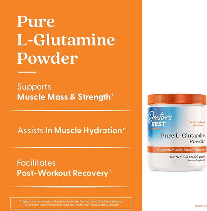 Doctors Best Pure L-Glutamine Powder, Supports Muscle Mass & Strength, Non-GMO, Gluten Free, Soy Free, Vegan Net Wt. 10.6 oz (300 Grams)
