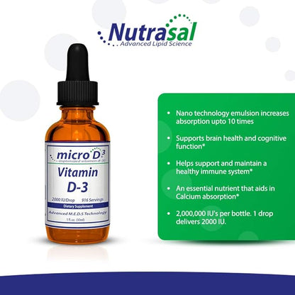 Micro D3 Vitamin D-3 Drops - High Concentrate (2 Million IU's) Vitamin D3 with Nano Technology and Up to 10X More Absorption -1 oz (30 ml)