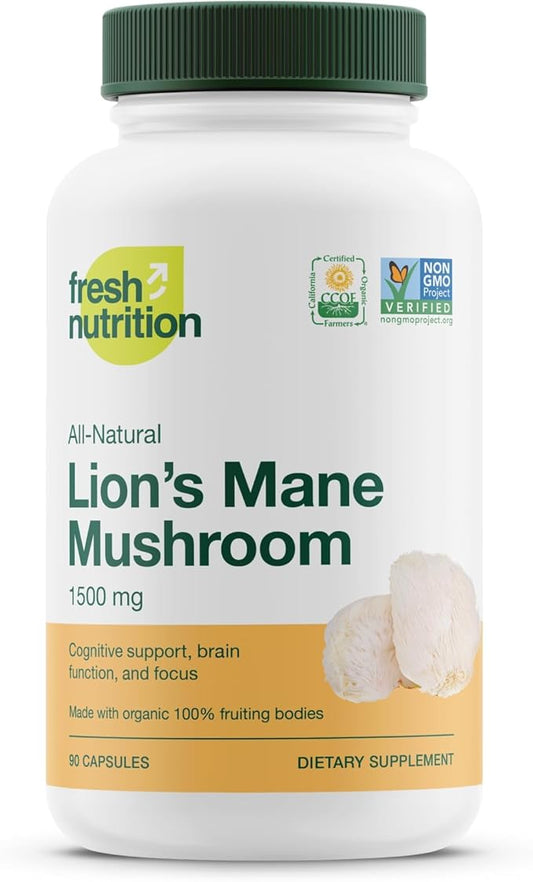 Fresh Nutrition Organic Lions Mane Mushroom Capsules - Strongest DNA Verified Formula - Rich in Alpha Glucan - Powerful Superfood Supplement - Brain, Immune System Benefits - Vegan Friendly