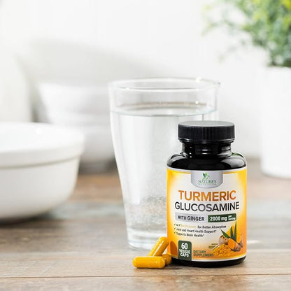 Turmeric Curcumin Supplement 2000mg with Glucosamine Chondroitin & Ginger, 95% Curcuminoids, BioPerine Black Pepper for Best Absorption, Nature's Joint Support, Non-GMO, Bottled in USA - 60 Capsules