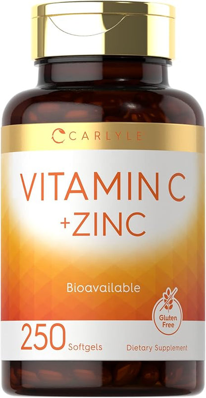 Carlyle Vitamin C with Zinc | 250 Softgels | Bioavailable | Ascorbic Acid | Zinc Oxide | Non-GMO and Gluten Free Supplement