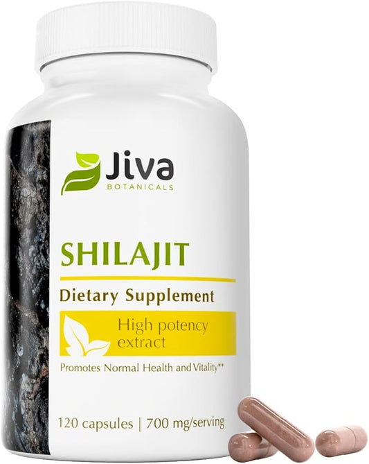Jiva Botanicals Premium Shilajit Supplement 700 mg - Shilajit Capsules Extract with Minerals, Fulvic/Humic Acid for Immune Support & Nomal Digestive Health - 120 Vegan Capsule