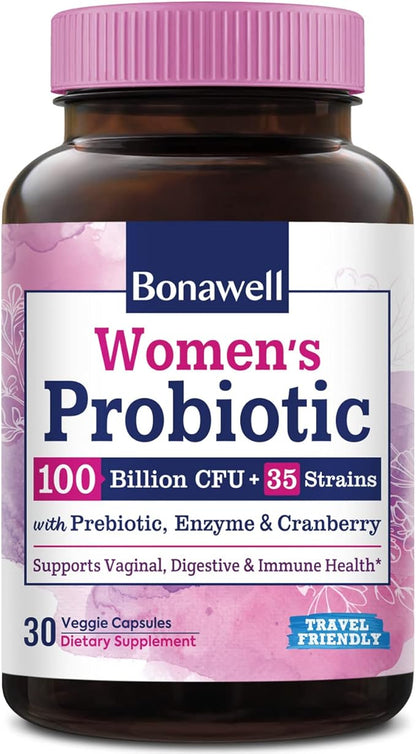 Bonawell Probiotics for Women 100B, with Prebiotics, Digestive Enzymes & Organic Cranberry for Female Vaginal Health, Digestion & Immunity, Shelf-Stable, Delayed-Release, 30 Veggie Caps