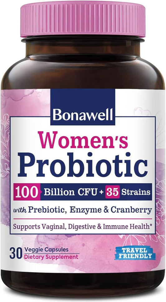 Bonawell Probiotics for Women 100B, with Prebiotics, Digestive Enzymes & Organic Cranberry for Female Vaginal Health, Digestion & Immunity, Shelf-Stable, Delayed-Release, 30 Veggie Caps