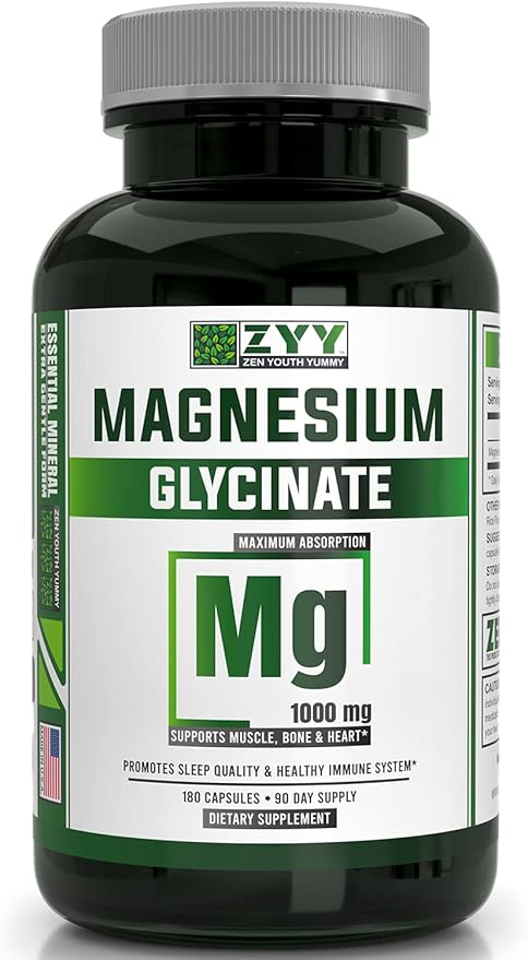 ZYY Pure Magnesium Glycinate Capsules 1000mg Maximum Strength, Chelated for High Absorption Magnesium Supplement for Sleep, Muscle, Brain, Bone and Heart Health, 3rd Party Tested, 180 Capsules