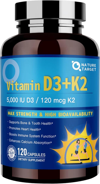 NATURE TARGET Vitamin D3 K2 with Calcium & Magnesium– Max Strength for Bone, Heart & Immune Support – 5000 IU Vitamin D3, 120 mcg K2, Non-GMO, Gluten-Free, 120 Count