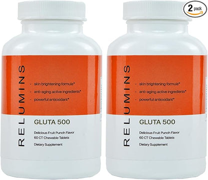 Relumins New Gluta 500 - Chewable/Sublime Wall Glutathione Complex with Advanced Skin Nutrition - Hyaluronic Acid, VIT C, Biotin Plus 4 Powerful Actives - Fruit Punch Flavored 60CT x 2 Bottles