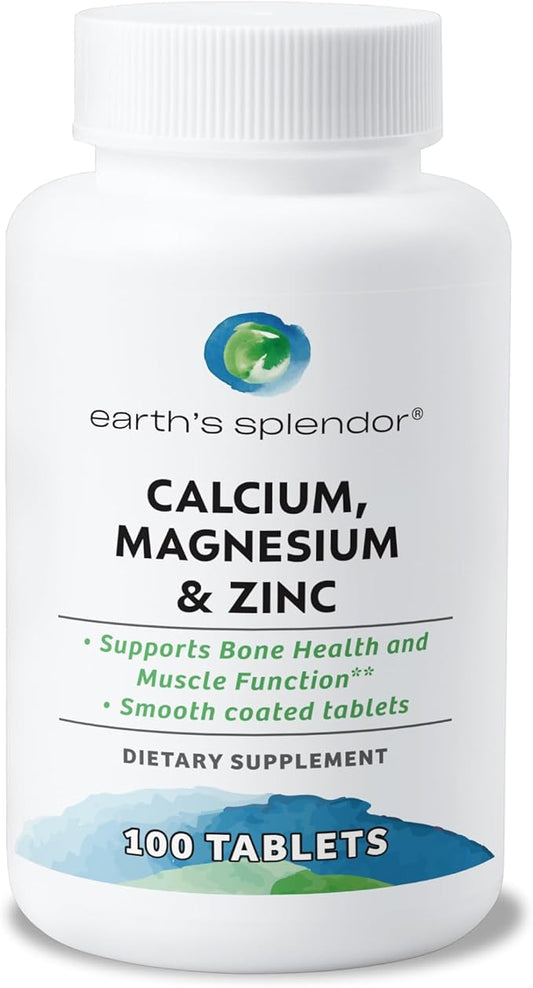 Earth's Splendor 1000 mg Calcium, 400 mg Magnesium, and 15 mg Zinc, Heart and Immune System Health, Bone and Muscle Support Dietary Supplement, 100 Tablets 1 + Month Supply