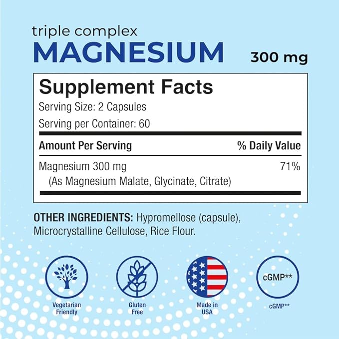 Puregen Labs Triple Magnesium Complex 300mg of Magnesium Glycinate, Malate, & Citrate [High Absorption] 120 Veg Capsules | No Harmful Additives | Non-GMO, NO Gluten and Dairy | Made in USA