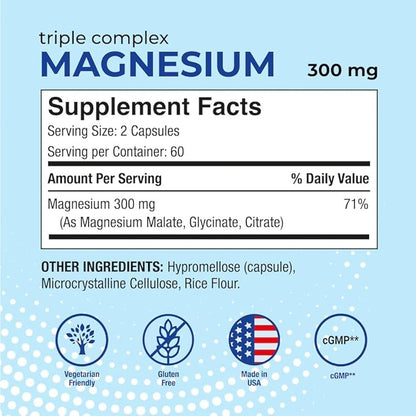 Puregen Labs Triple Magnesium Complex 300mg of Magnesium Glycinate, Malate, & Citrate [High Absorption] Total 240 Veg Capsules | No Harmful Additives | Non-GMO, NO Gluten and Dairy | Made in USA
