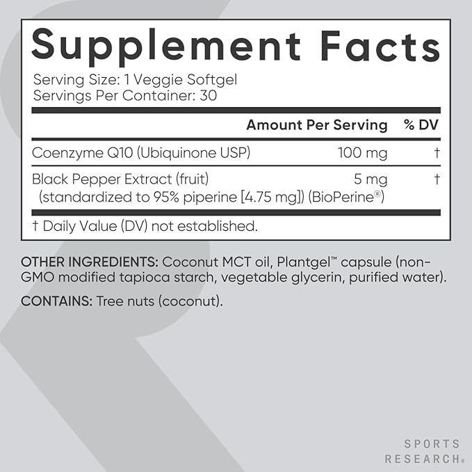 CoQ10 (100mg) Enhanced with Coconut Oil & Bioperine (Black Pepper) for Better Absorption | Vegan Certified and Non-GMO Verified (30 Veggie Softgels)