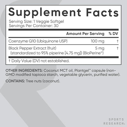 CoQ10 (100mg) Enhanced with Coconut Oil & Bioperine (Black Pepper) for Better Absorption | Vegan Certified and Non-GMO Verified (30 Veggie Softgels)