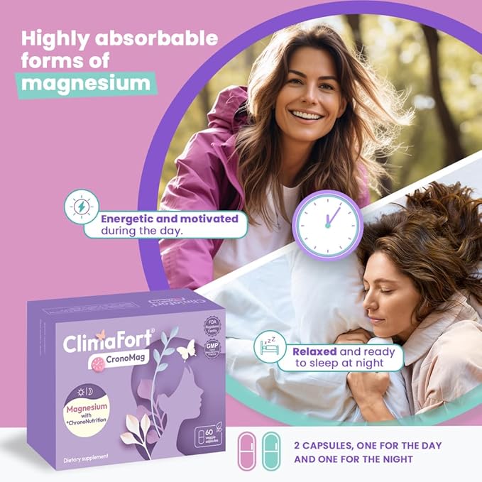 CronoMag | Magnesium for Women in Menopause | 5 Salts Bisglycinate + Glycerophosphate | B12 | Energy Supplement | 1 Month Supply
