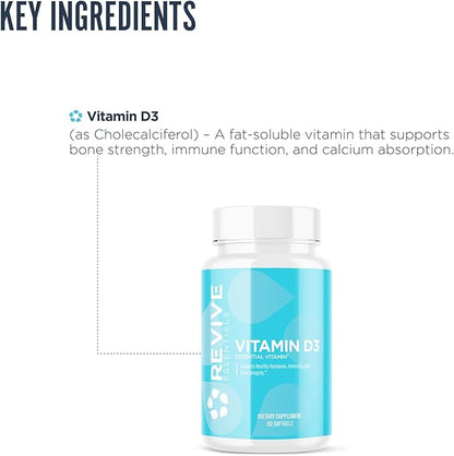 Revive MD Vitamin D3 Supplement, 5000 IU - High Potency Cholecalciferol for Immune Support, Calcium Absorption, Bone & Muscle Health - Non-GMO Dietary Supplement with No Fillers - 60 Softgels