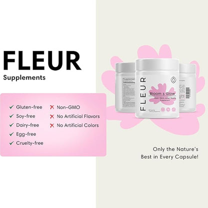 FLEUR Bloom & Glow Hair Skin and Nails Gummies, Hair Growth Supplement with Biotin & Inositol, Antioxidant Rich Vitamin A, C & E Gummies for Skin and Nail Repair, Sugar-Free, 60 Vegan Gummies