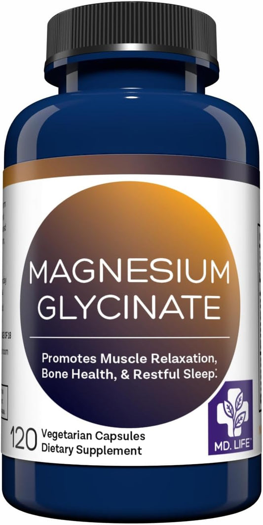 Md.Life Magnesium Glycinate Supplement - Easy to Swallow - 120 Count - Gluten Free Magnesium Glycinate Capsules for Sleep, Heart, and Muscle Health - Gentle on The Stomach & Highly Absorbable