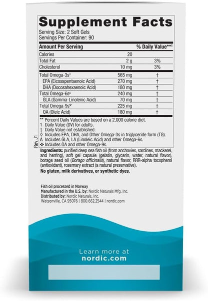 Nordic Naturals Complete Omega, Lemon Flavor - 180 Soft Gels - 565 mg Omega-3 - EPA & DHA with Added GLA - Healthy Skin, Cognition, & Positive Mood - Non-GMO - 90 Servings