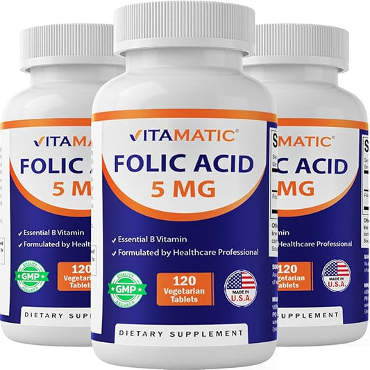 Vitamatic Folic Acid 5mg (5000 mcg) – 120 Vegetarian Tablets per Bottle – Vitamin B9 (Folate) – 3-Pack | Total 360 Tablets