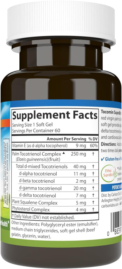 Carlson - Tocomin SupraBio, Full Spectrum Tocotrienol Complex, Non-GMO Tocotrienols, Alpha, Beta, Gamma, Delta, 60 Softgels