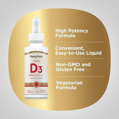Piping Rock Vitamin D3 Liquid 5000 IU (125 mcg) | 2 oz | Vitamin D Drops for Adults | Vegetarian, Non-GMO, Gluten Free Supplement