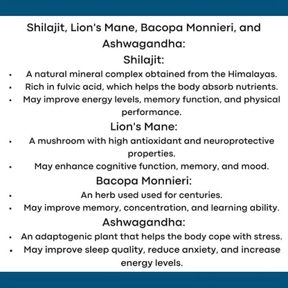 Lion's Mane - Shilajit - Ashwagandha - Bacopa Monnieri Liquid Drops | for Stress, Memory Booster,Focus | All Natural Ingredients 1Fl Oz (1)
