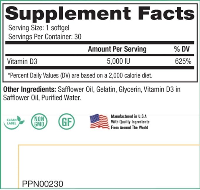 Peak Pure & Natural Peak D3 - Calciferol Vitamin D3 5,000 IU - Immune Support - Support Heart Health - Boost Energy - Daily Vitamin for Adults | 30 Capsules
