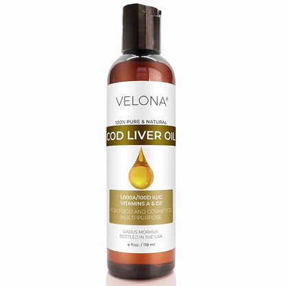 velona Cod Liver Oil - 4 Fl Oz | 1,000A/100D IU/g Omega 3 Vitamins A & D3 | Norwegian Arctic Sustainably Sourced Nordic Oil | Hair, Body and Skin Care | Use Today - Enjoy Results