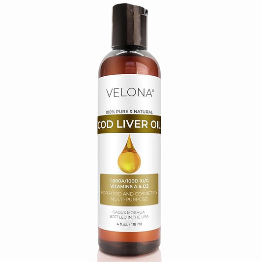 velona Cod Liver Oil - 4 Fl Oz | 1,000A/100D IU/g Omega 3 Vitamins A & D3 | Norwegian Arctic Sustainably Sourced Nordic Oil | Hair, Body and Skin Care | Use Today - Enjoy Results