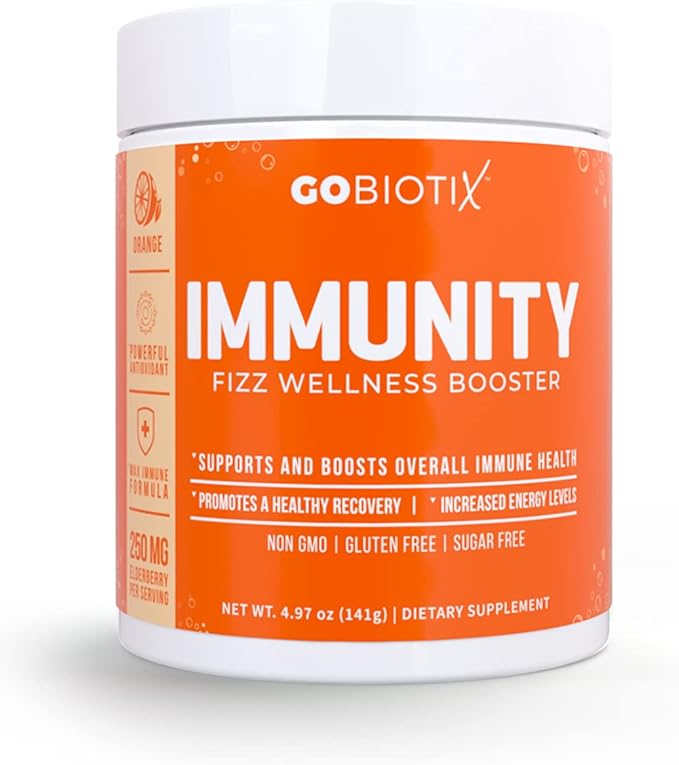 GOBIOTIX Vitamin C - Immune Defense Support Supplement - Immunity Powder Wellness Booster - Vegan Superfood - Elderberry, Turmeric, B12 Vitamin Supplement, Non-GMO and Sugar Free (Orange)